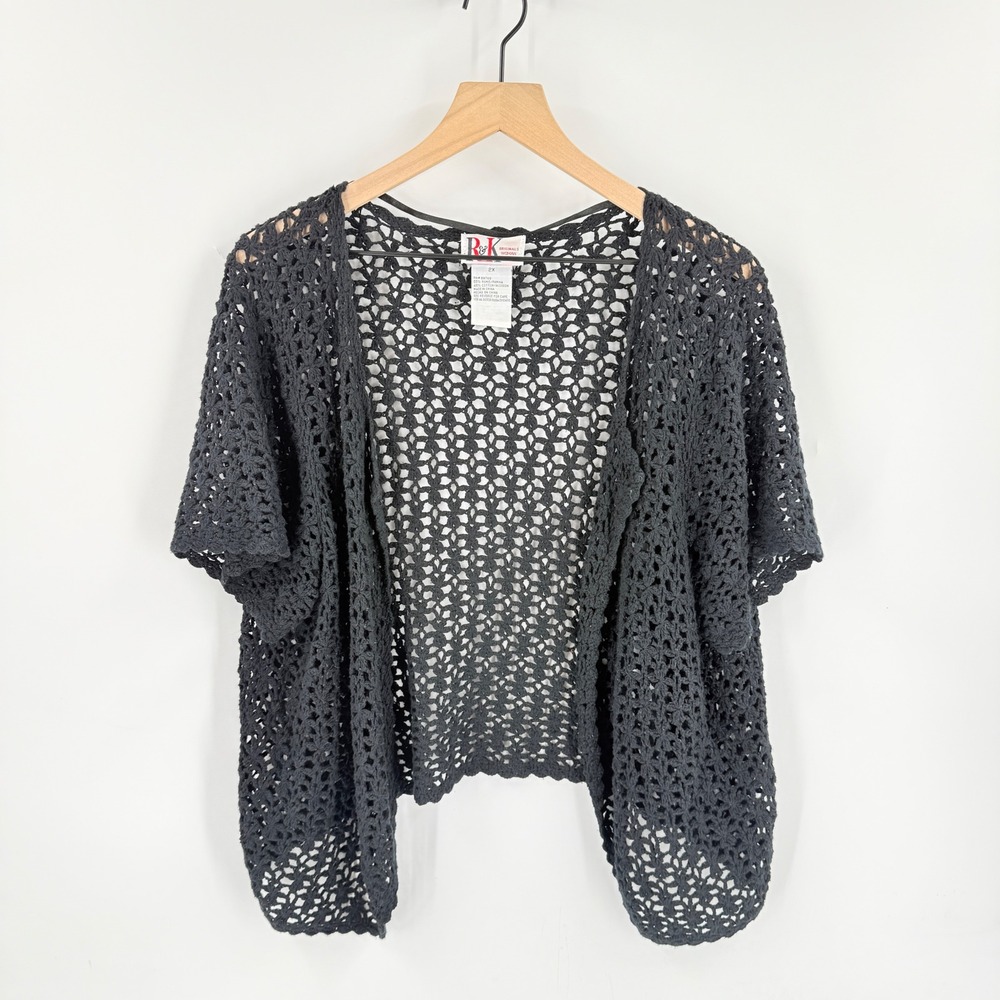 Vintage R&K Originals Cardigan Black 2X Crochet Open Front Knit Boho Summer Plus